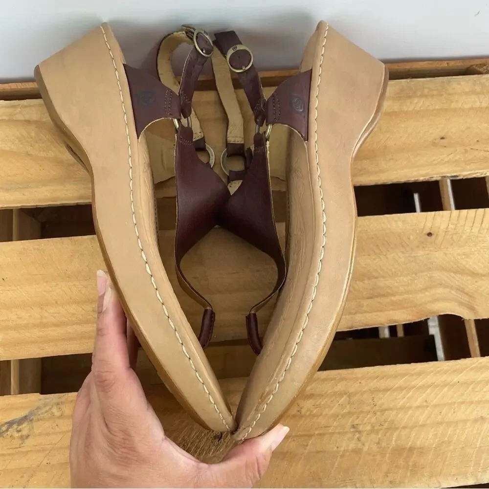 Born Galley Cliffside brown leather sling back wedge heels size 11